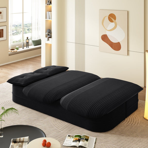 English Elm 78.7" Plush Corduroy Convertible Sleeper Sofa with Tufted Back and Foldable Floor Bed Black W3219P410146