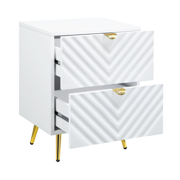 English Elm Gaines White High Gloss Nightstand with Wave Design, 2 Drawers, Metal Legs, Smooth Glide Storage B2726P256319