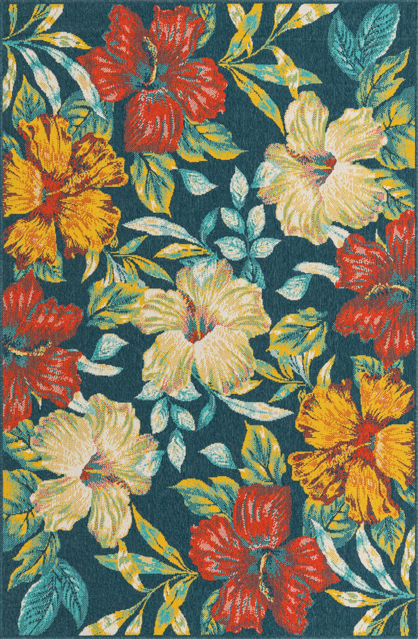 Unique Loom Outdoor Coastal Cicek Machine Made Floral Rug Multi, Light Brown/Navy Blue/Yellow/Rust Red/Ivory/Beige 5' 3" x 8' 0"