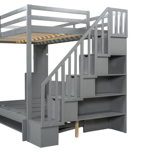 English Elm Full Over Murphy Bunk Bed with Hydraulic Lift Desk and Staircase Storage Gray LP200698AAE