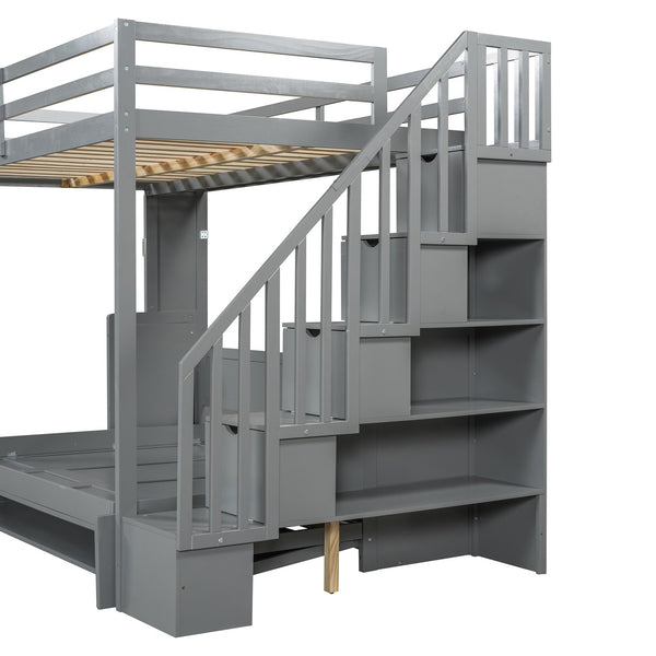 English Elm Full Over Murphy Bunk Bed with Hydraulic Lift Desk and Staircase Storage Gray LP200698AAE