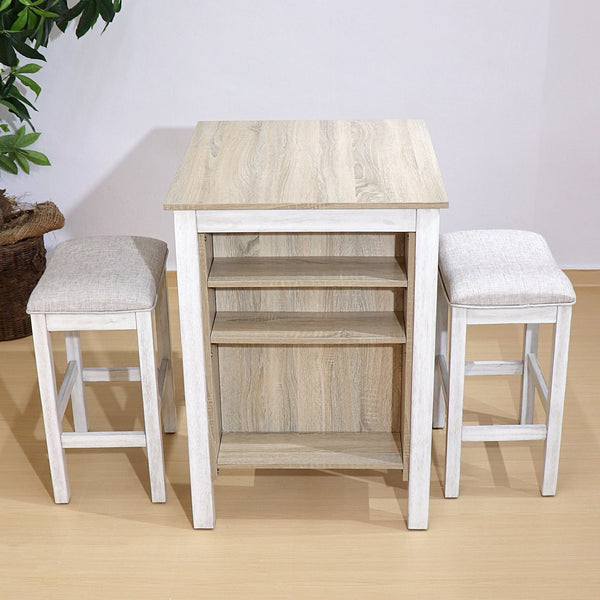 English Elm 3 Piece Counter Height Dining Set with Shelving Cushioned Stools Modern Farmhouse Kitchen Ameican White Oak,Ancient White W2537P369837