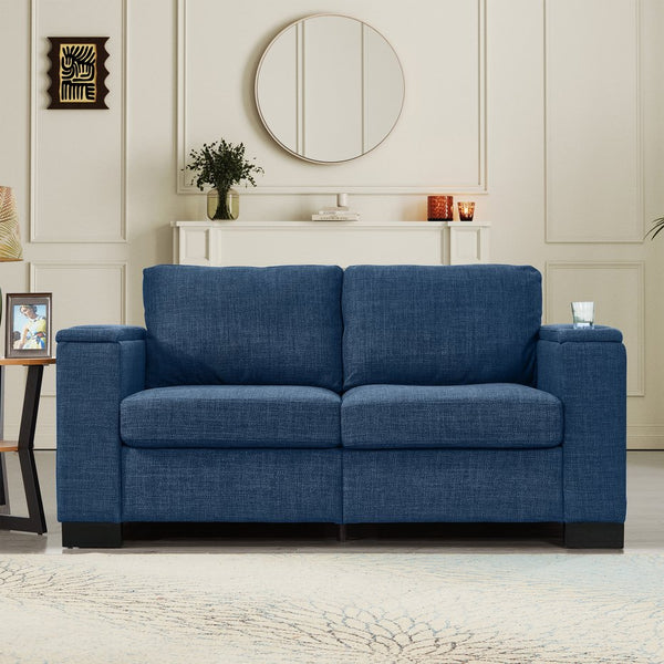 English Elm 67.7" Modern Loveseat Sofa with Cup Holders and Hidden Storage, Polyester Upholstery, Solid Wood Frame Blue W1097S00194