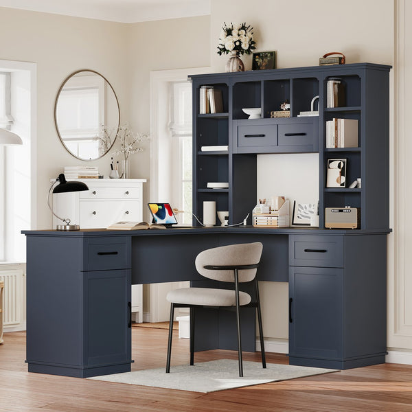 English Elm L-Shaped Corner Desk with 3 Cabinets, 2 Drawers & 11 Shelves, Built-In Power Outlet for Home Office Antique Blue W1580S00190