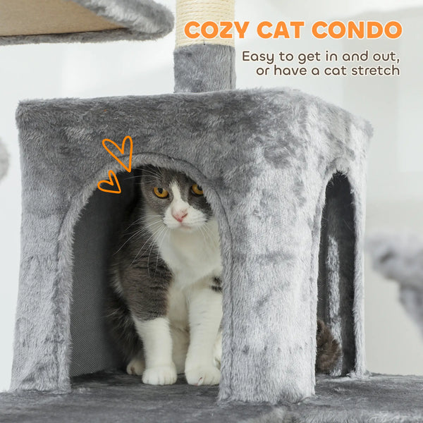 English Elm Multi-level 69 Inch Cat Tree with Dual Condos Hammocks and Sisal Scratching Posts T3971P412951