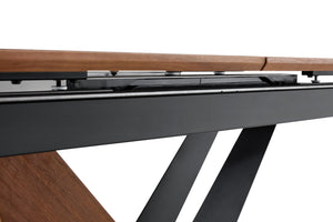 English Elm Modern Extendable Dining Table with Walnut MDF Veneer Top, Dual V-Shaped Metal Base, Sleek Durable Design Dark Walnut W3493S00007