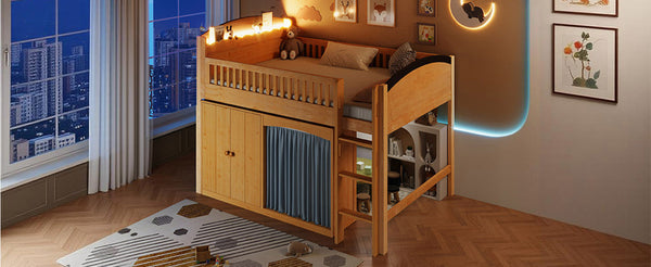 English Elm Twin Loft Bed with Wardrobe Cabinet Led Lighting and Pine Frame for Kids Rooms Wood N7090002236M