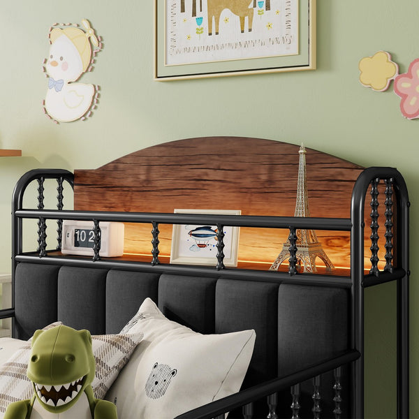 English Elm Twin Solid Wood Platform Bed with Guardrail for Kids, Low-Profile Sturdy Pine Frame, Safe Sleep Solution Black 43.7 L x 16.93 W x 9.65 H W2593P337436