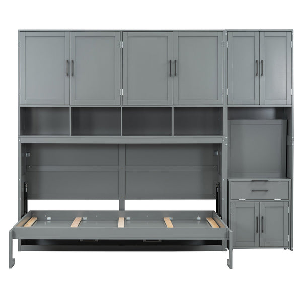 English Elm Twin Murphy Wall Bed with Integrated Closet Drawers and Desk for Studio Spaces Gray LP000595AAE-1