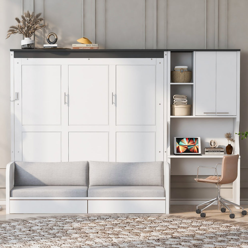 English Elm Multi-functional Queen Murphy Bed with Sofa Desk and Cabinet White Wood Frame N7090000606K-1