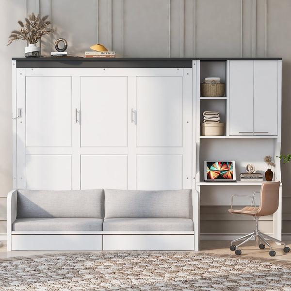 English Elm Multi-functional Queen Murphy Bed with Sofa Desk and Cabinet White Wood Frame N7090000606K-1