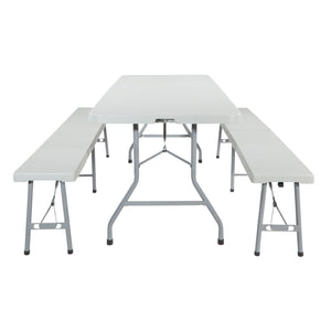 OSP Home Furnishings 3 Piece Folding Table Bench Set Resin Top Steel Frame Portable Outdoor Picnic QT3965