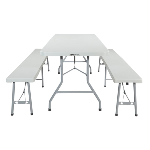 OSP Home Furnishings 3 Piece Folding Table Bench Set Resin Top Steel Frame Portable Outdoor Picnic QT3965