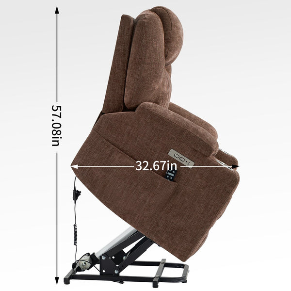 English Elm Up to 350 Lbs Chenille Power Lift Recliner with Massage Heating and Usb Charging Ports Brown W3224S00001