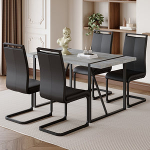 English Elm Table Set: Modern Minimalist Grey Marble Dining Table With 4 Black Pu Leather Chairs & Metal Frame W1151S02683-GIGA