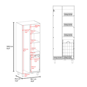 English Elm Iris 71" Tall Two-Door Broom Closet With Built-In Hamper, Adjustable Shelves, Slim White Storage B070S00402