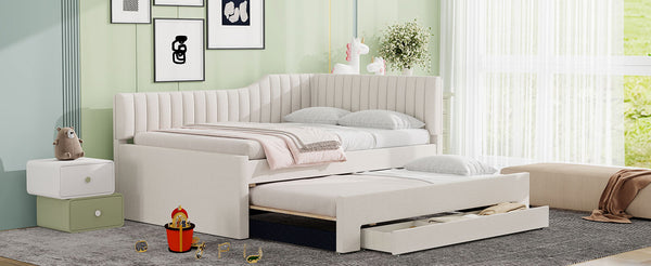 English Elm Full Upholstered Daybed with Trundle and Three Drawers, Linen-Blend Fabric, Space-Saving Guest Bed, Storage-Friendly Design Beige DL002058AAA