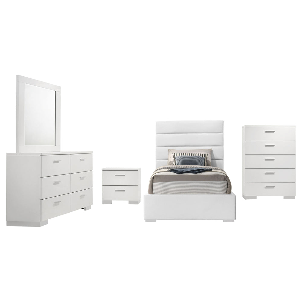 English Elm Dulcey Twin Bedroom Set High Gloss White Faux Leather Tufted Headboard Chrome Pulls B062S01519