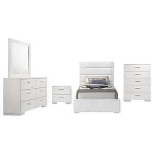 English Elm Dulcey Twin Bedroom Set High Gloss White Faux Leather Tufted Headboard Chrome Pulls B062S01519
