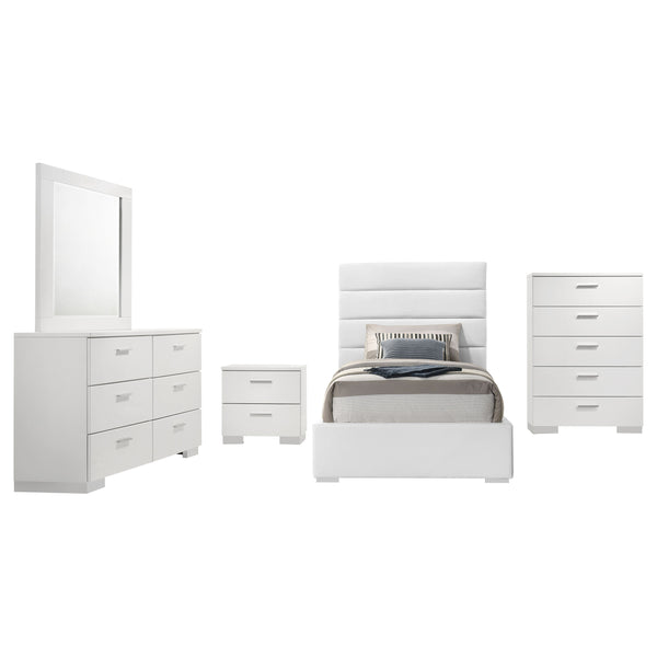 English Elm Dulcey Twin Bedroom Set High Gloss White Faux Leather Tufted Headboard Chrome Pulls B062S01519