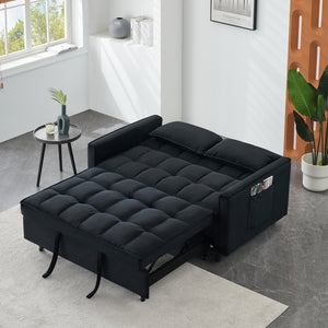English Elm Modern Velvet Sofa Pull-Out Bed 3-in-1 Convertible Love Seat with Pillows, Spacious 500lb Support Black W3371P315001