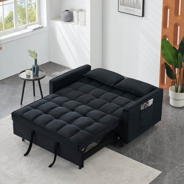 English Elm Modern Velvet Sofa Pull-Out Bed 3-in-1 Convertible Love Seat with Pillows, Spacious 500lb Support Black W3371P315001