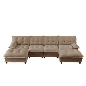 English Elm 138" U-shaped Chenille Cloud Sectional with Ottomans Deep Seat Modular Living Room Sofa Light Coffee W714S01716