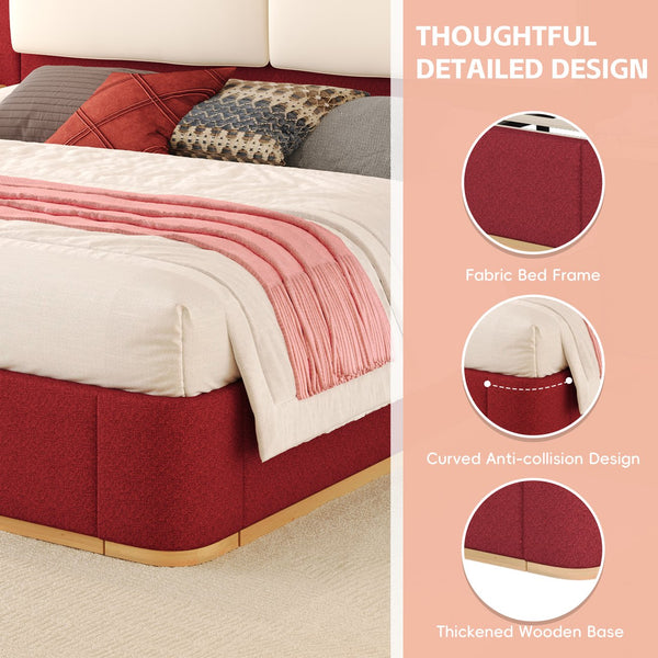 English Elm Christopher Knight Home® - Queen Plush Leather Upholstered Bed Frame with Wingback Headboard, Wavy Footboard, Quiet Support Red 50.63 L x 18.88 W x 8.25 H N761S0000023R