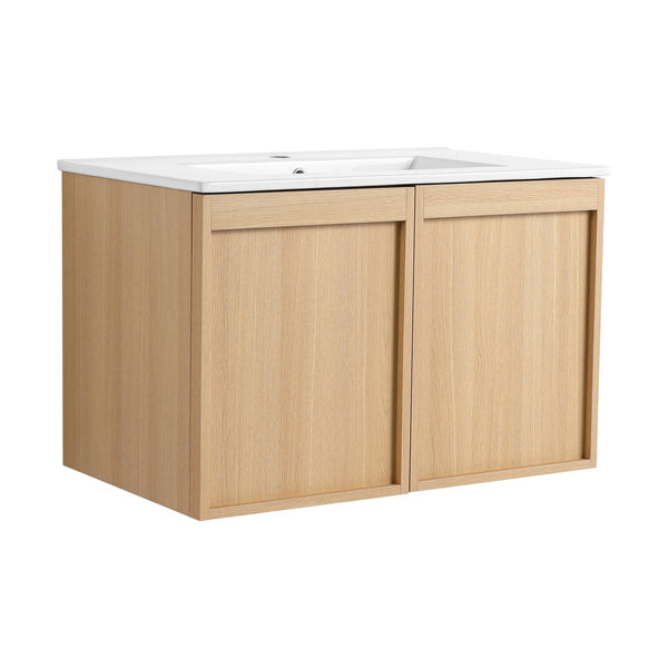 English Elm 30" Floating Bathroom Vanity Dark Oak Cabinet Ceramic Sink Open Shelf Soft Close Glossy White,Light Oak W3450P435844