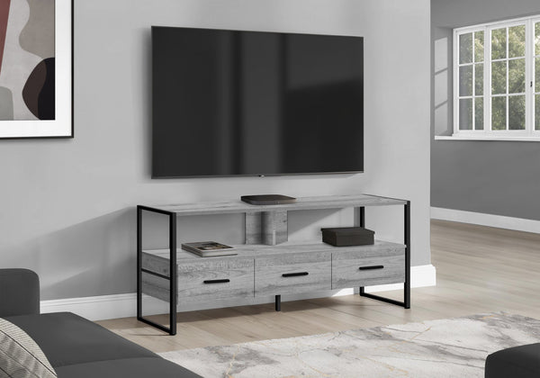 English Elm Tv 48 Inch Console Media Center with Three Glide Drawers, Black Metal Frame, Open Shelves for Cable Management Grey 51 L x 19 W x 7 H B2710P219093