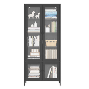 English Elm Large Metal Storage Cabinet with 4 Tempered Glass Doors, 5 Adjustable Shelves, Rust‑Resistant Steel, Black — Stylish Display & Secure Home Office Storage W2378P176271