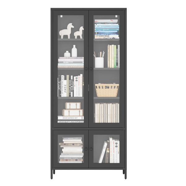 English Elm Large Metal Storage Cabinet with 4 Tempered Glass Doors, 5 Adjustable Shelves, Rust‑Resistant Steel, Black — Stylish Display & Secure Home Office Storage W2378P176271