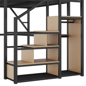 English Elm Full Loft Bed with Desk and Charging Station, Metal Loft with Stairs, Wardrobe, Shelves & Light Black W2580S00047