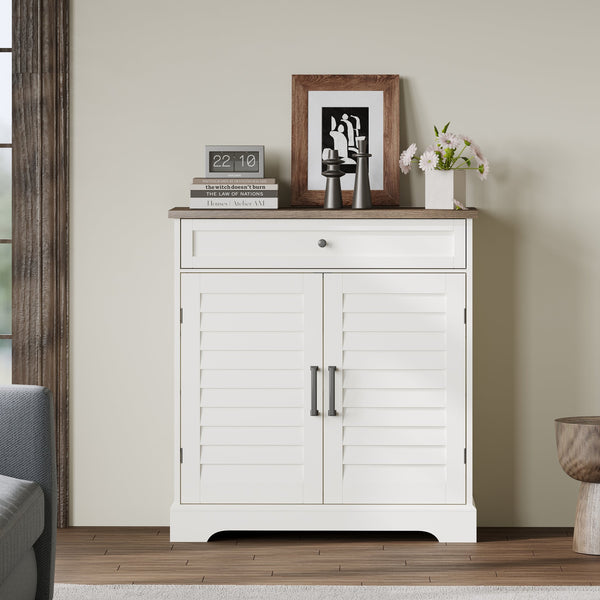 English Elm 16 Pair Shoe Cabinet Tall Freestanding Entryway Organizer with Drawer, Louvered Doors, Durable MDF Storage Brown,Soft White T3771P372927