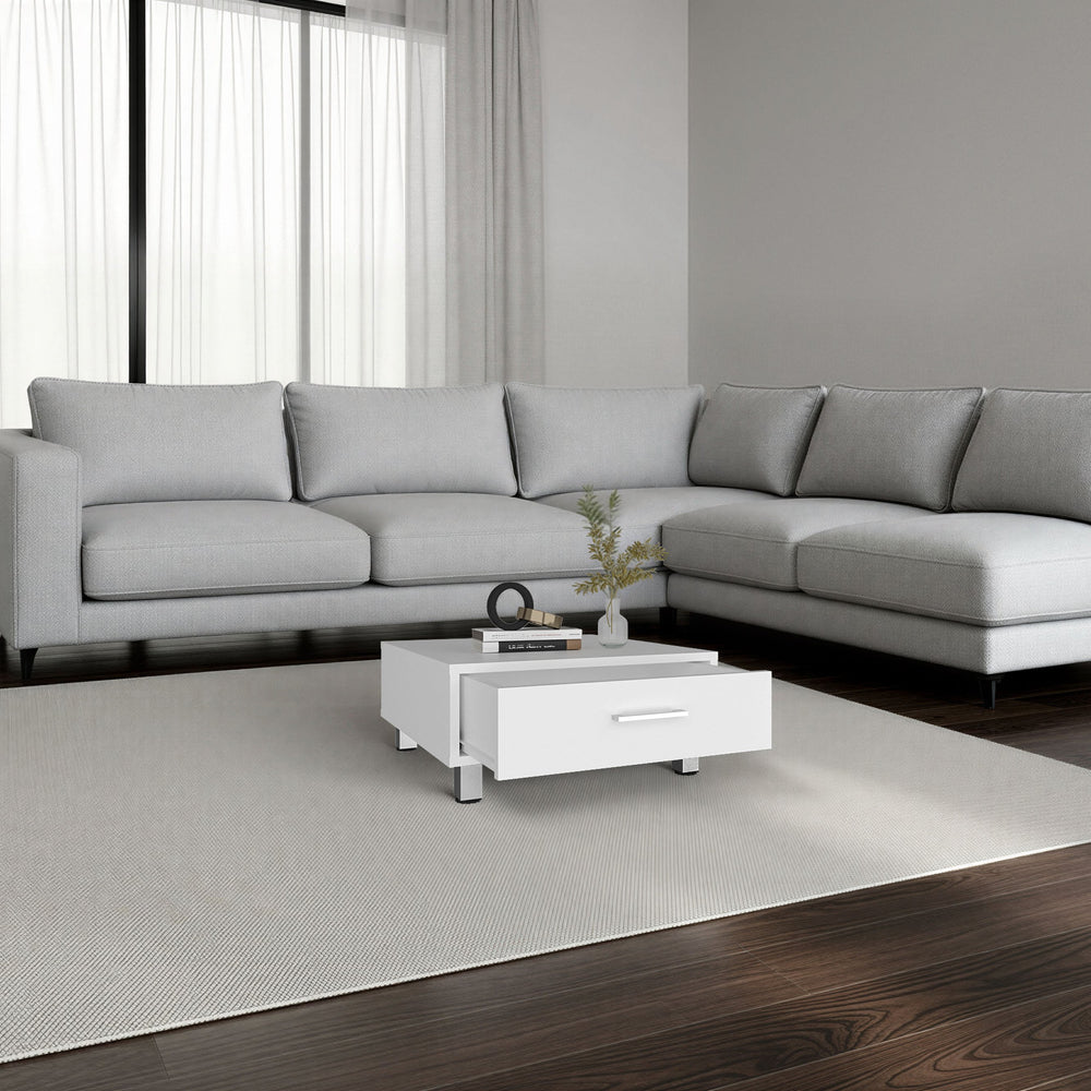 English Elm Modern Square Coffee Table with Storage Drawer and Metal Legs for Studio Living B200P474565