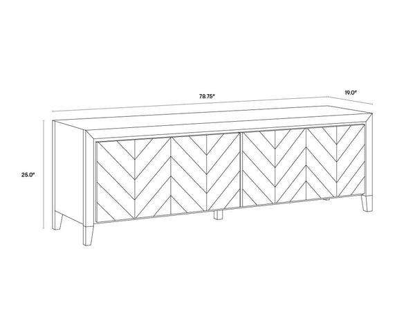 Sunpan Greyson Media Console Cabinet - Stylish Smoked Acacia Wood with Chevron Pattern & Brass Feet