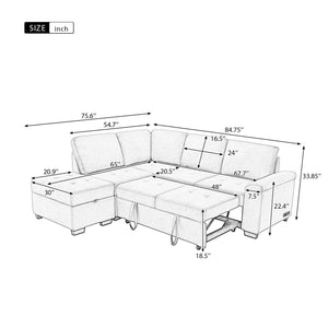 English Elm Sleeper Sectional Velvet Sofa with Usb Ports Ottoman Storage for Apartment Living SG000250AAE