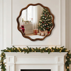 English Elm Black Walnut Solid Wood Wavy Round Mirror Sculptural Bohemian Wall Accent 30 Inch W2203P455238