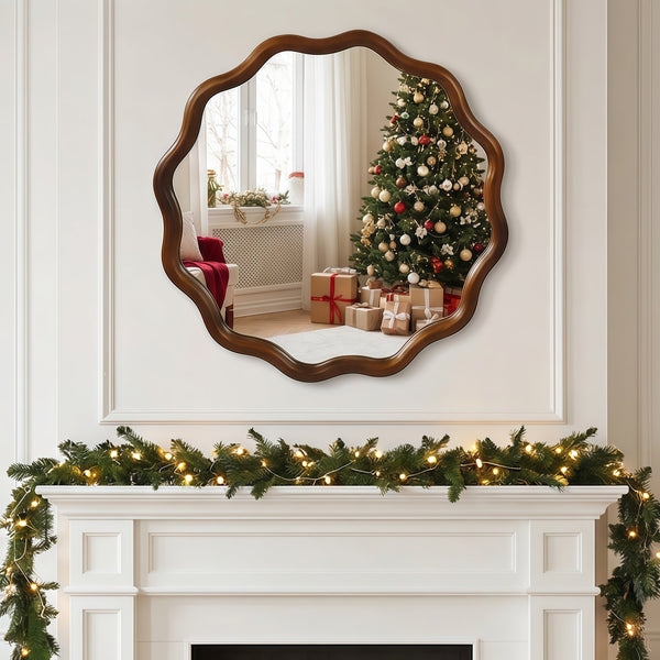 English Elm Black Walnut Solid Wood Wavy Round Mirror Sculptural Bohemian Wall Accent 30 Inch W2203P455238