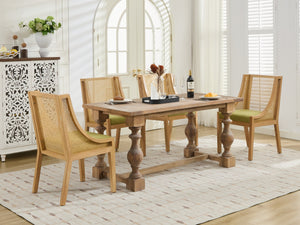 English Elm Rattan Solid Wood Dining Chair with Linen Seat and Decorative Armrests, Rustic Faux Rattan Elegance for Home Olive Green W1143P335054