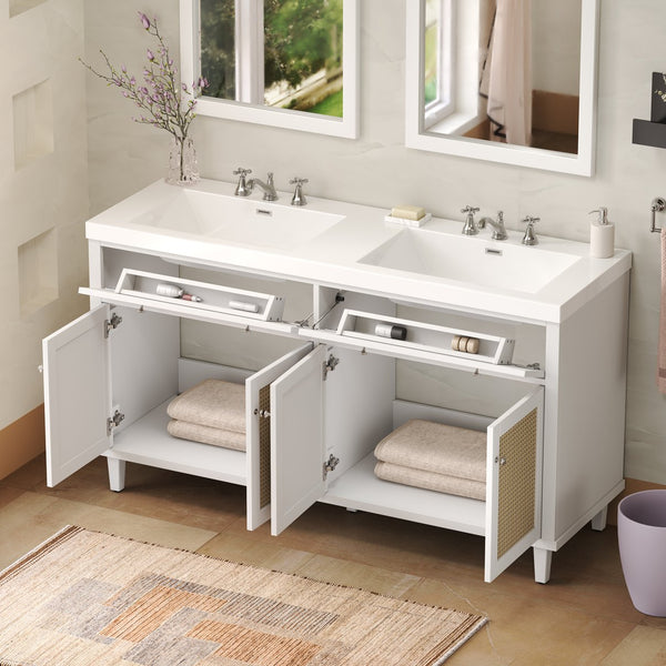 English Elm Christopher Knight Home® - 60 Inch Bathroom Vanity with Double Sinks SMC, Rattan Doors, Soft-Close Drawers, Stable Pine Legs White N817P296140W