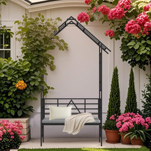 English Elm Metal Garden Arch Bench with Trellis Grid for Climbing Roses and Outdoor Spaces W1586P278441