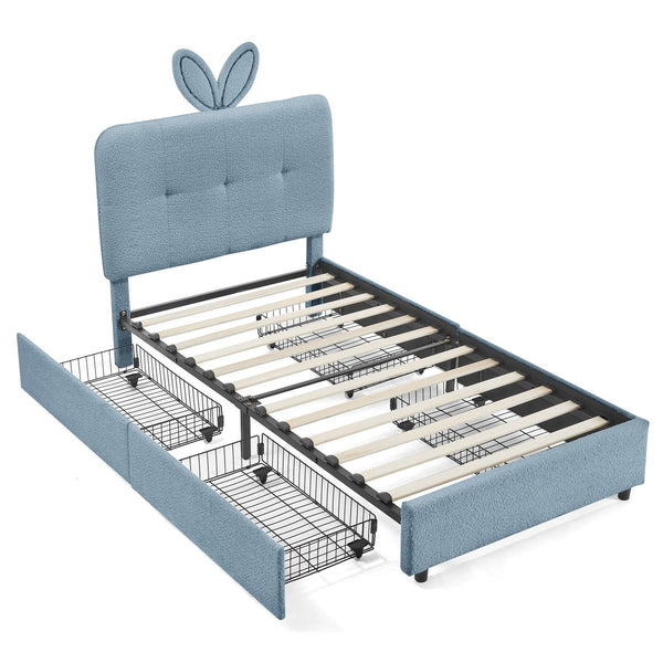 English Elm Twin Kids Boucle Upholstered Bed Rabbit Ear Headboard Led Lighting Four Storage Drawers Navy W1413P384922