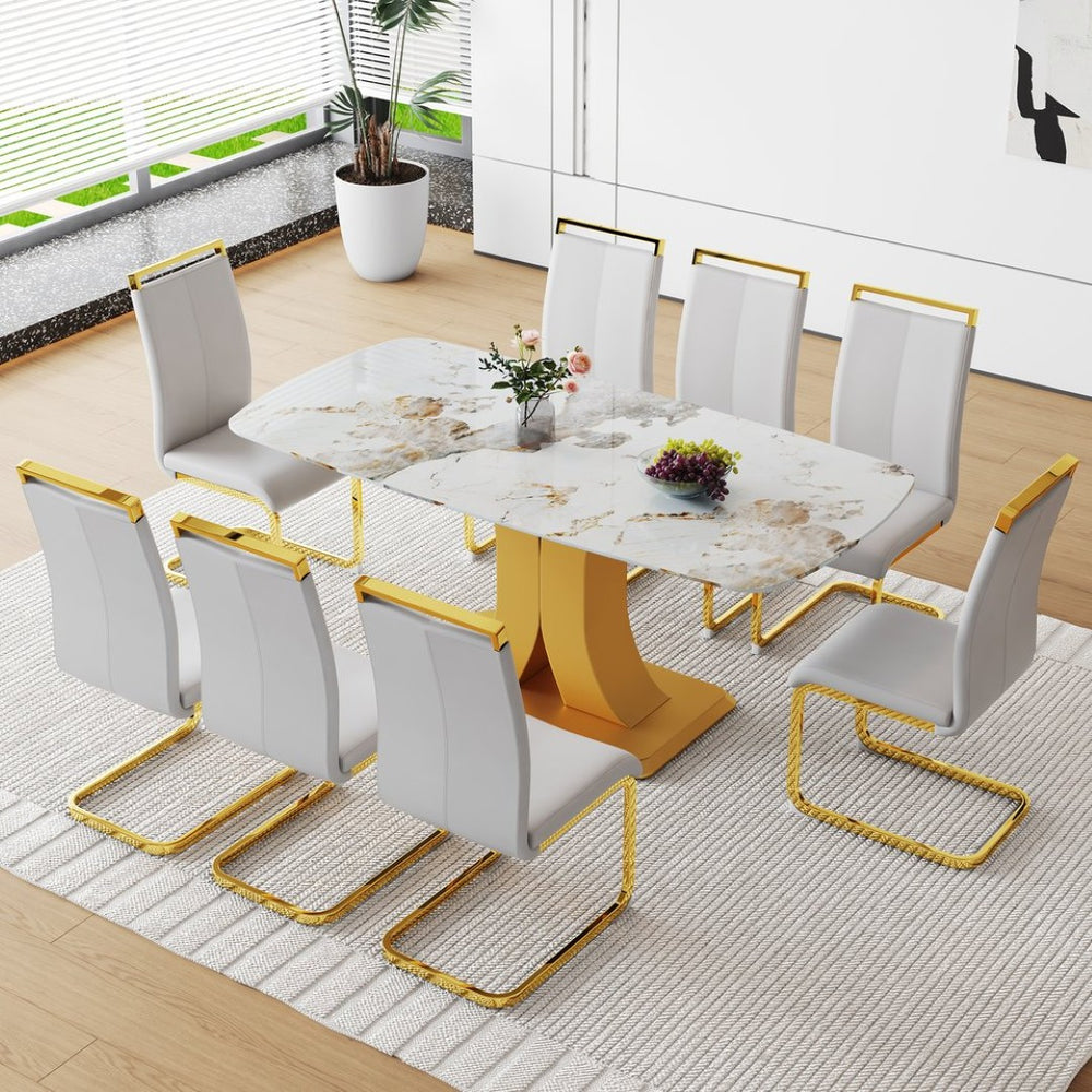 English Elm Table 9-Piece Luxurious Dining Set With Golden Legs, Stunning Pandora Glass Top & 8 Gray Pu Chairs W1151S03238-GIGA