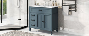 English Elm [video] 36 Inch Freestanding Bathroom Vanity Acacia Wood Legs Ceramic Sink Soft Close Blue Gray N759S340019C