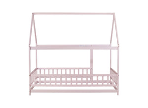 English Elm Full Size House Floor Bed With Roof Frame & Guardrails - Cozy Pink Wooden Design For Kids W504P286410