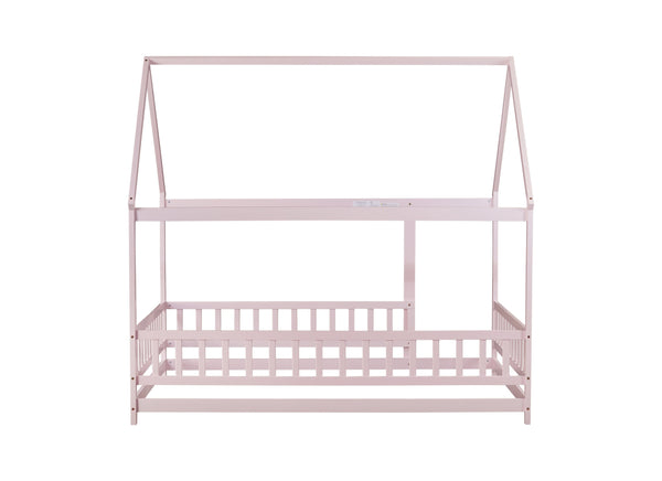 English Elm Full Size House Floor Bed With Roof Frame & Guardrails - Cozy Pink Wooden Design For Kids W504P286410