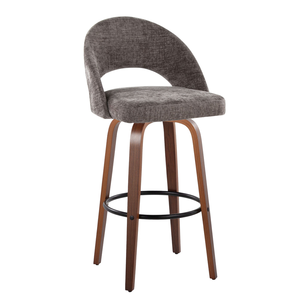 English Elm Fixed-height Mid-century Barstools with Walnut Legs and Grey Upholstered Seats Set B202S01932