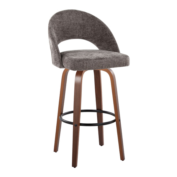 English Elm Fixed-height Mid-century Barstools with Walnut Legs and Grey Upholstered Seats Set B202S01932