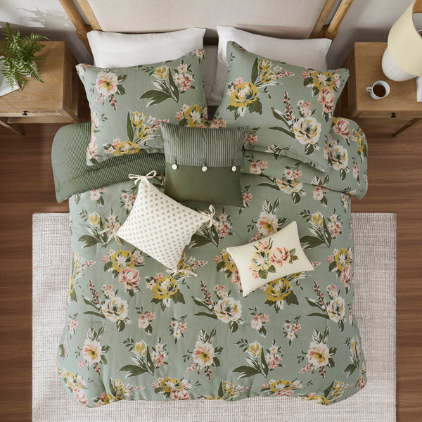 English Elm 7-piece Queen Vintage Floral Comforter Set Cotton Blend Slub Weave Reversible Stripe Green B035P440212